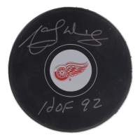 Marcel Dionne Signed Red Wings Logo Hockey Puck Inscribed "HOF 92" (Schwartz) at PristineAuction.com