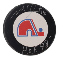 Michel Goulet Signed Nordiques Logo Hockey Puck Inscribed "H.O.F. 98" (Schwartz) at PristineAuction.com