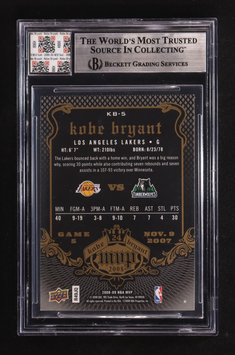 Kobe Bryant 2008-09 Upper Deck MVP #KB5 With Warm-Up Suit Jersey Fusion (BGS Authentic) at PristineAuction.com Kobe Bryant 2008-09 Upper Deck MVP #KB5 With Warm-Up Suit Jersey Fusion (BGS Authentic) at PristineAuction.com