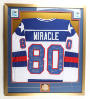 1980 Team USA Custom Framed Jersey Display Team-Signed By (18) with Jim Craig, Mike Eruzione, Buzz Schneider, Ken Morrow, Jack O'Callahan (Beckett) at PristineAuction.com