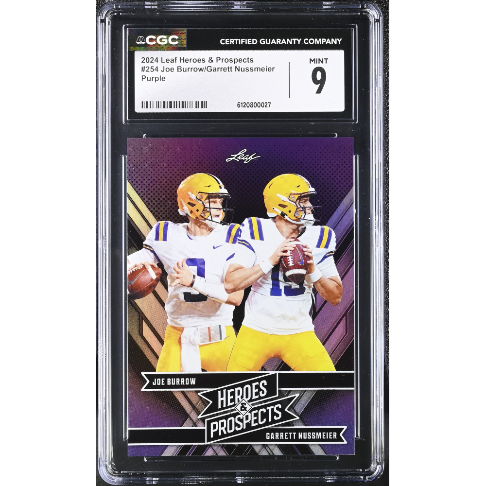 Joe Burrow/ Garrett Nussmeier 2024 Leaf Heroes & Prospects Purple #254 #19/49 (CGC 9) at PristineAuction.com