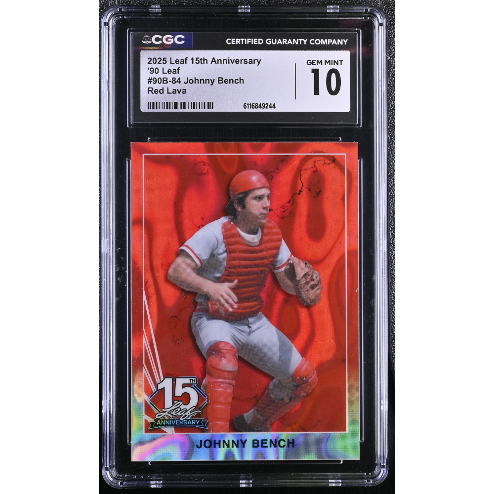 Johnny Bench 2025 Leaf 15th Anniversary '90 Leaf Red Lava #90B-84 #1/3 (CGC 10) at PristineAuction.com