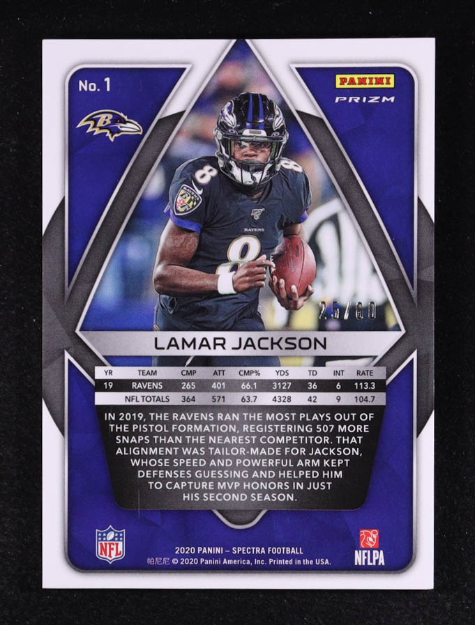 Lamar Jackson 2020 Panini Spectra Neon Blue Disco #1 #25/60 at PristineAuction.com Lamar Jackson 2020 Panini Spectra Neon Blue Disco #1 #25/60 at PristineAuction.com