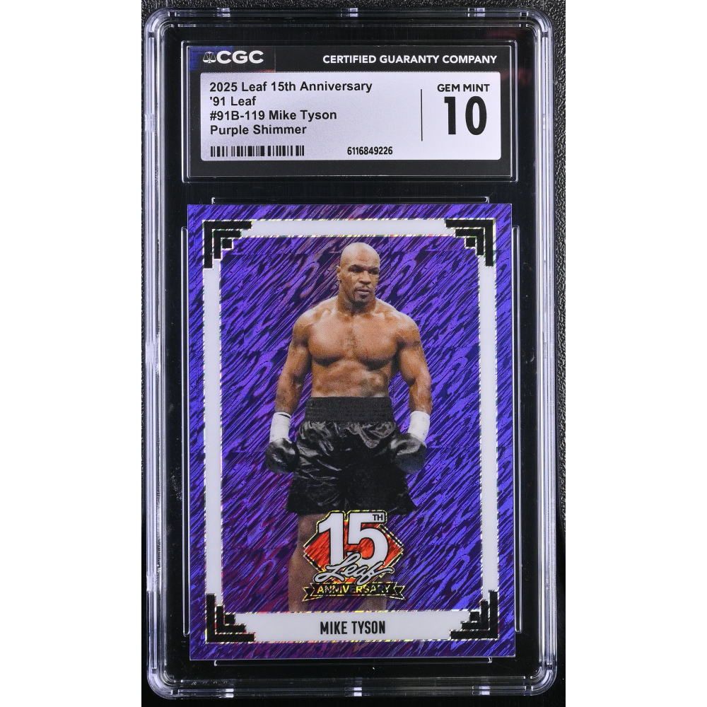 Mike Tyson 2025 Leaf 15th Anniversary '91 Leaf Purple Shimmer #91B-119 #4/7 (CGC 10) at PristineAuction.com