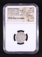 Mn. Fonteius Moneyer c.108-107 B.C. Roman Republic AR Denarius (3.93gms) Rome Mint Ancient Silver Coin (NGC VF, Brockage) Strike 3/5, Surface 3/5 at PristineAuction.com