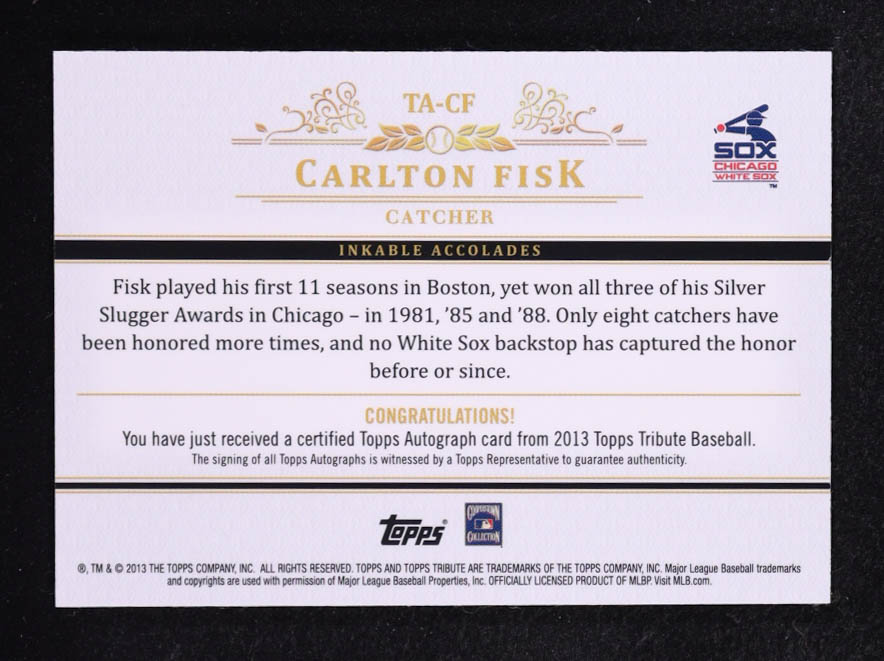 Carlton Fisk 2013 Topps Tribute Autographs #CF #18/99 at PristineAuction.com Carlton Fisk 2013 Topps Tribute Autographs #CF #18/99 at PristineAuction.com