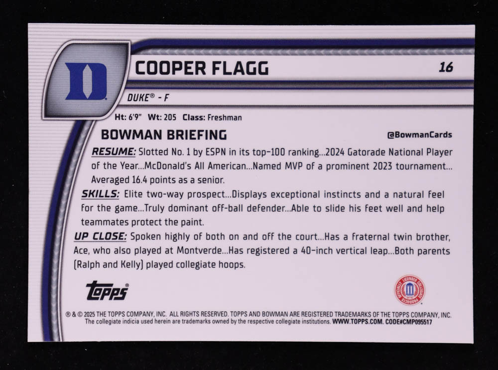 Cooper Flagg 2024-25 Bowman Chrome University Black Wave Refractors #16 RC at PristineAuction.com Cooper Flagg 2024-25 Bowman Chrome University Black Wave Refractors #16 RC at PristineAuction.com