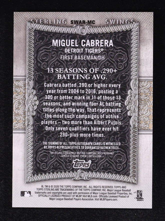 Miguel Cabrera 2020 Topps Sterling Sterling Swings Relic Autographs #SWARMC #17/25 at PristineAuction.com Miguel Cabrera 2020 Topps Sterling Sterling Swings Relic Autographs #SWARMC #17/25 at PristineAuction.com