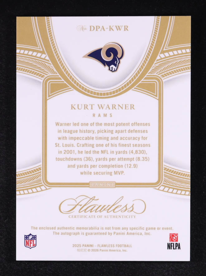 Kurt Warner 2025 Panini Flawless Distinguished Patch Autographs #8 #09/25 at PristineAuction.com Kurt Warner 2025 Panini Flawless Distinguished Patch Autographs #8 #09/25 at PristineAuction.com