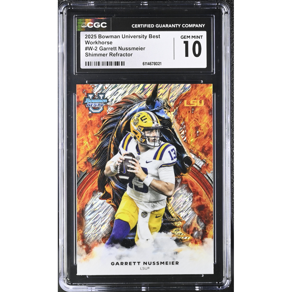 Garrett Nussmeier 2025 Bowman's Best University Workhorse Shimmer Refractors #W2 RC (CGC 10) at PristineAuction.com