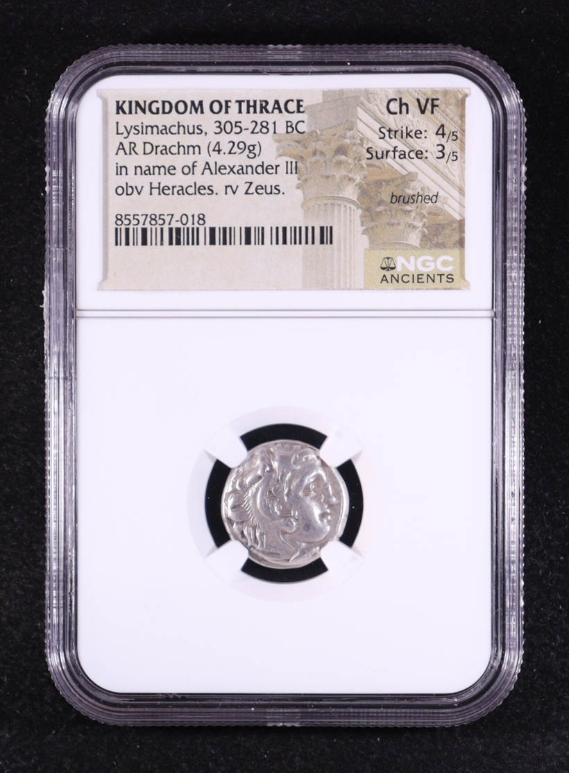 Alexander III "The Great" (305-281 B.C.) Kingdon of Thrace, Lysimachus AR Drachm (4.29gms) Ancient Silver Coin (NGC Ch VF, Brushed) Strike 4/5, Surface 3/5 at PristineAuction.com Alexander III "The Great" (305-281 B.C.) Kingdon of Thrace, Lysimachus AR Drachm (4.29gms) Ancient Silver Coin (NGC Ch VF, Brushed) Strike 4/5, Surface 3/5 at PristineAuction.com