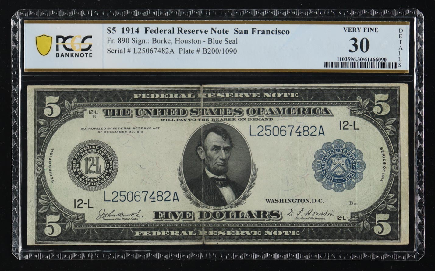 1914 United States Federal Reserve Note of San Francisco $5 Five Dollar Blue Seal National Bank Note (PCGS VF 30 Details) at PristineAuction.com 1914 United States Federal Reserve Note of San Francisco $5 Five Dollar Blue Seal National Bank Note (PCGS VF 30 Details) at PristineAuction.com