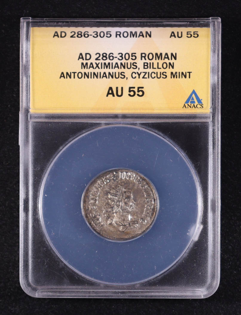 Maximianus (A.D. 286-305) Roman Empire BI Antoninianus Cyzicus Mint Ancient Coin (ANACS AU55) at PristineAuction.com Maximianus (A.D. 286-305) Roman Empire BI Antoninianus Cyzicus Mint Ancient Coin (ANACS AU55) at PristineAuction.com