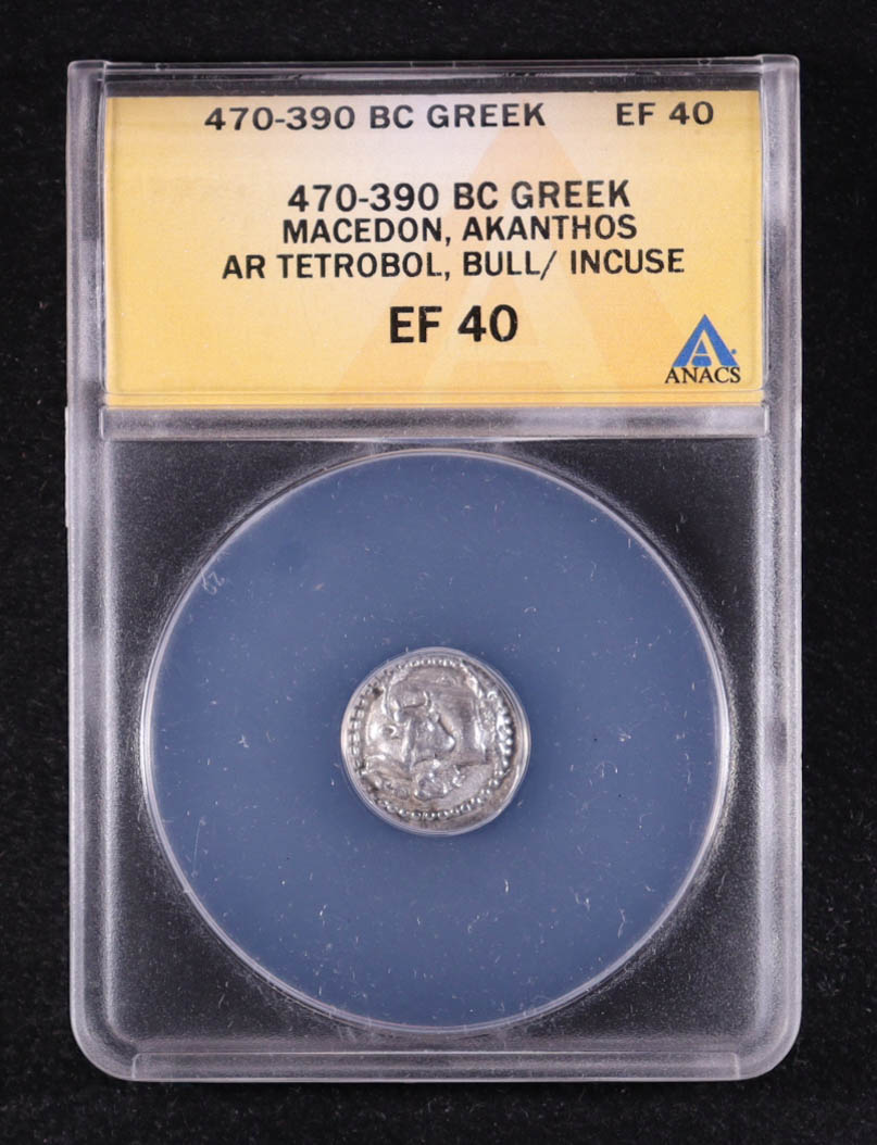 (470-390 B.C.) Greek Macedon, Akanthos AR Tetrobol Ancient Silver Coin (ANACS XF40) at PristineAuction.com (470-390 B.C.) Greek Macedon, Akanthos AR Tetrobol Ancient Silver Coin (ANACS XF40) at PristineAuction.com