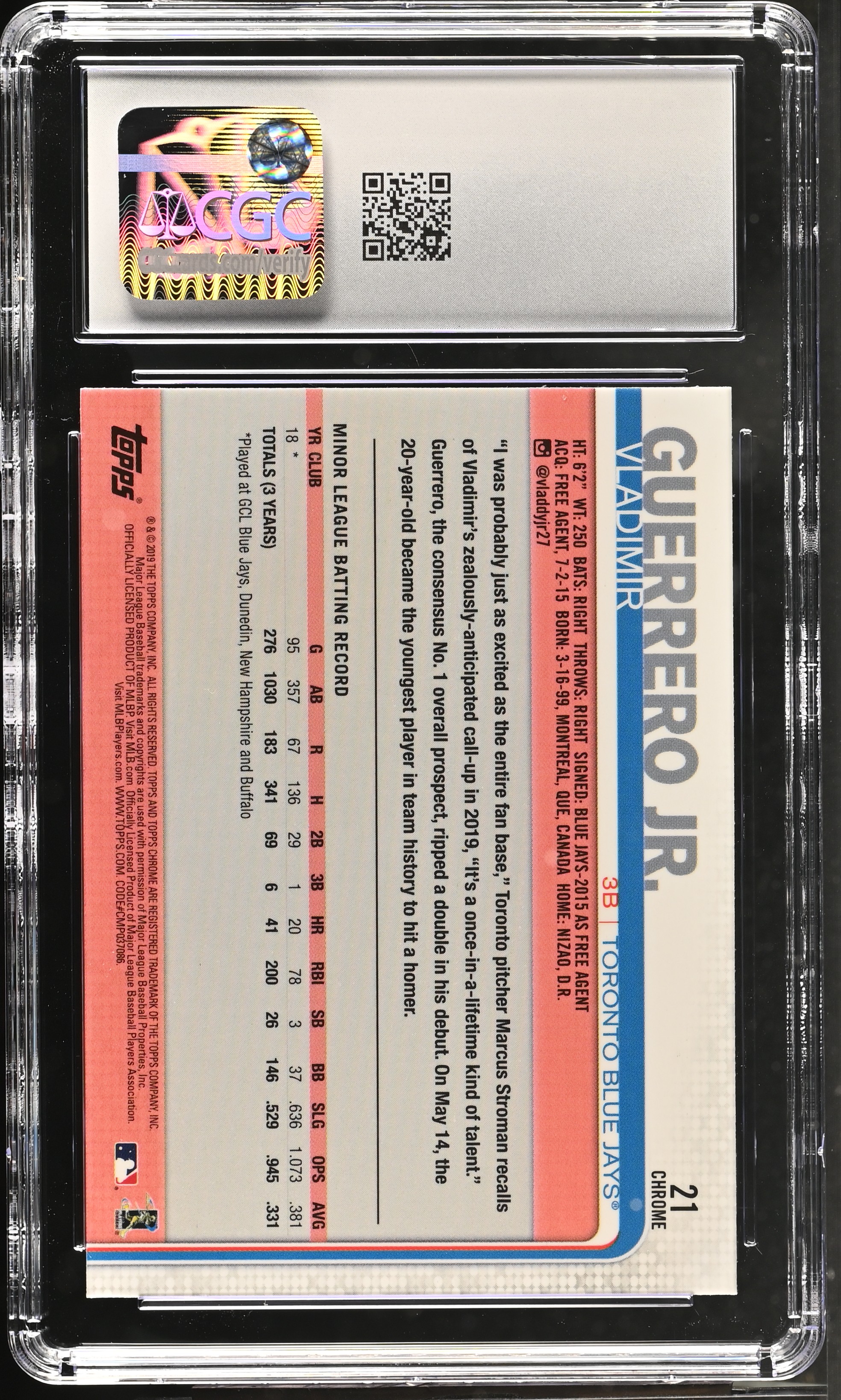 Vladimir Guerrero Jr. 2019 Topps Chrome Update #21 RC (CGC 10) at PristineAuction.com Vladimir Guerrero Jr. 2019 Topps Chrome Update #21 RC (CGC 10) at PristineAuction.com