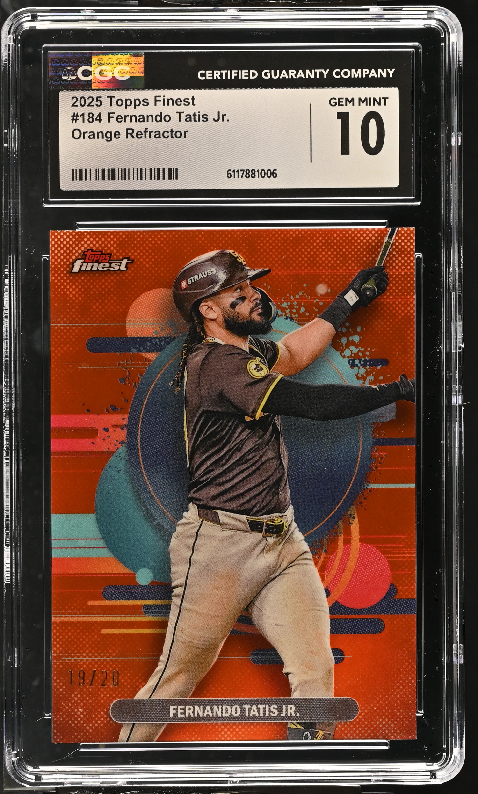 Fernando Tatis Jr. 2025 Topps Finest Orange Refractor #184 #19/20 (CGC 10) at PristineAuction.com Fernando Tatis Jr. 2025 Topps Finest Orange Refractor #184 #19/20 (CGC 10) at PristineAuction.com
