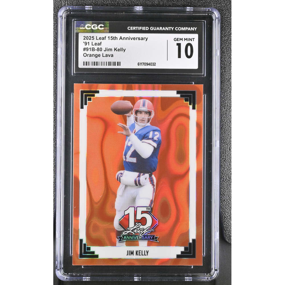 Jim Kelly 2025 Leaf 15th Anniversary '91 Leaf Orange Lava #91B-80 #1/4 (CGC 10) at PristineAuction.com