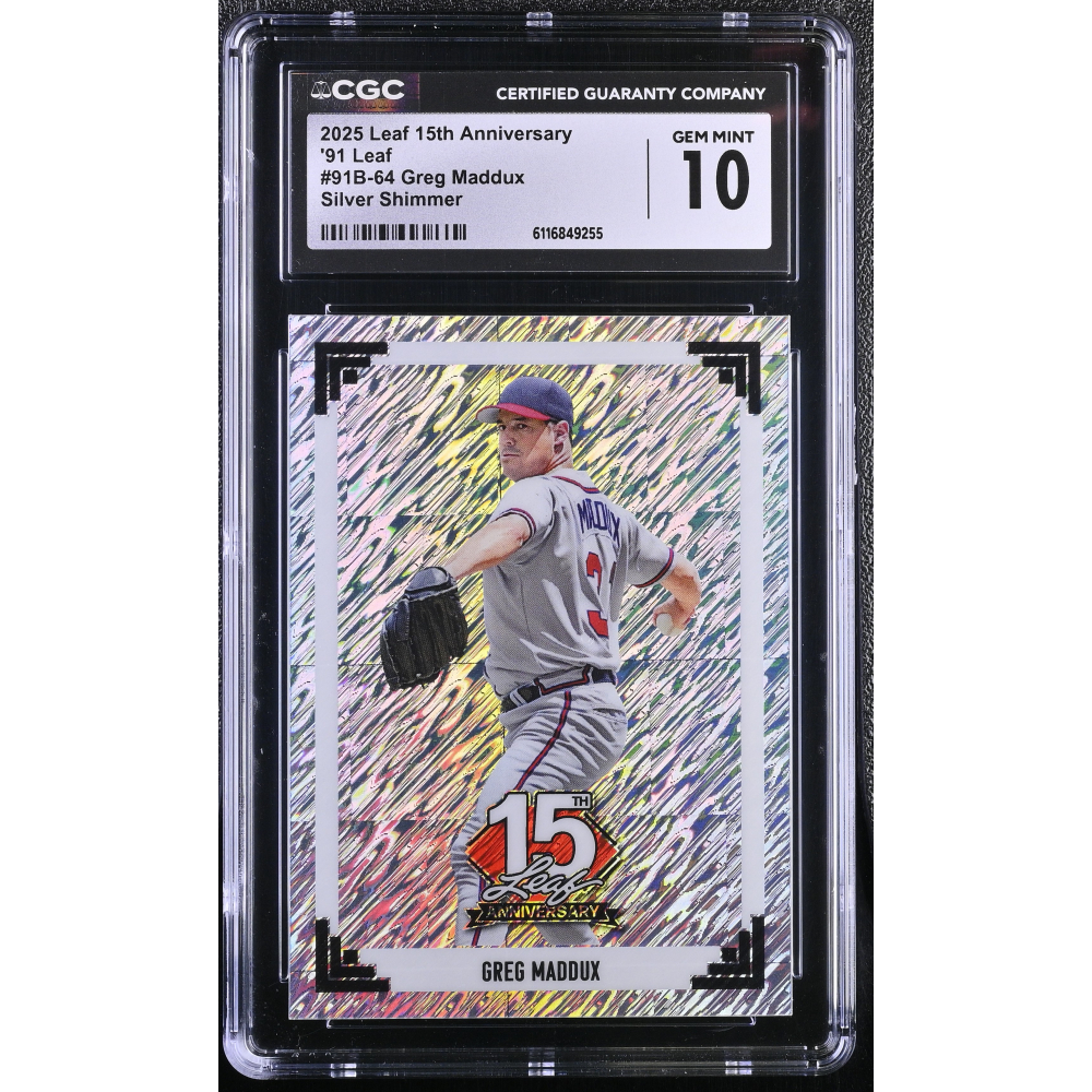 Greg Maddux 2025 Leaf 15th Anniversary '91 Leaf Silver Shimmer #91B-64 #14/15 (CGC 10) at PristineAuction.com