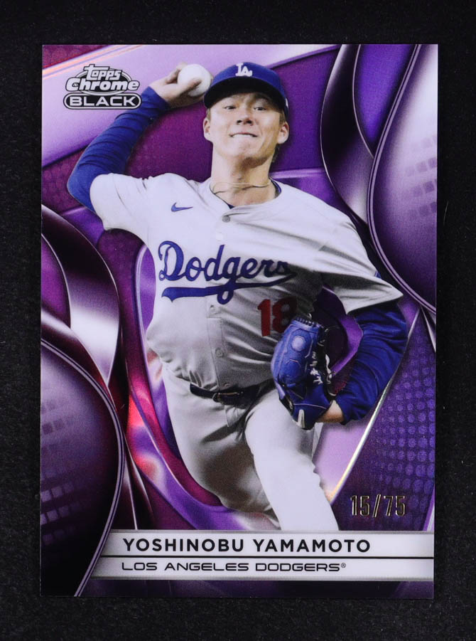 Yoshinobu Yamamoto 2025 Topps Chrome Black Purple Refractors #64 #15/75 at PristineAuction.com Yoshinobu Yamamoto 2025 Topps Chrome Black Purple Refractors #64 #15/75 at PristineAuction.com