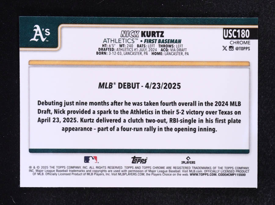 Nick Kurtz 2025 Topps Chrome Update X-Fractors #USC180 RC at PristineAuction.com Nick Kurtz 2025 Topps Chrome Update X-Fractors #USC180 RC at PristineAuction.com