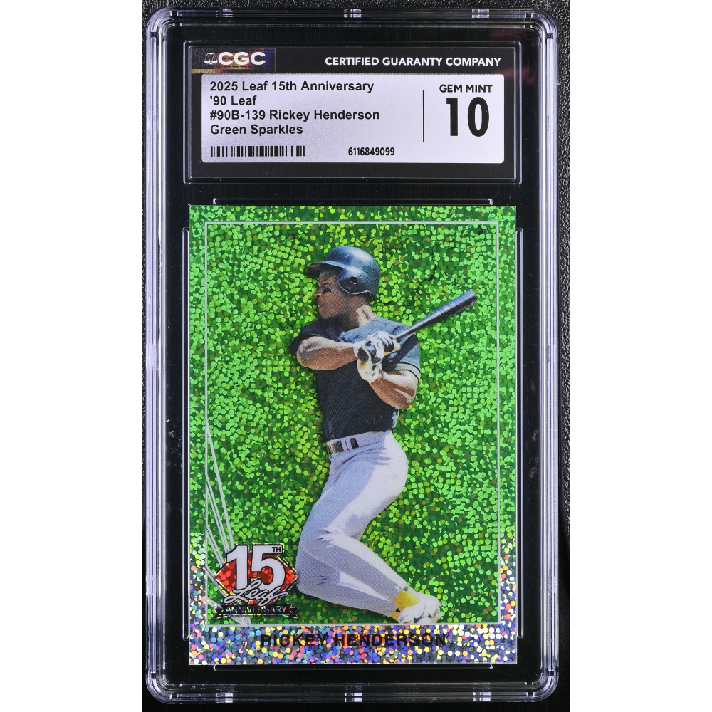 Rickey Henderson 2025 Leaf 15th Anniversary '90 Leaf Green Sparkles #90B-139 #6/6 (CGC 10) at PristineAuction.com