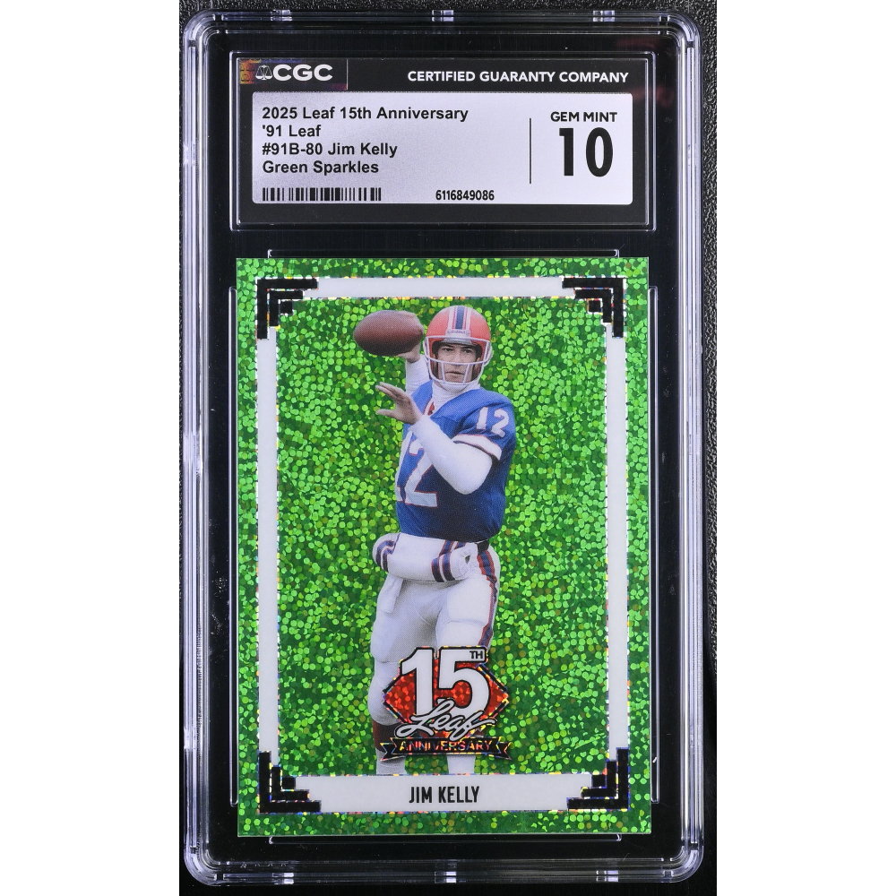 Jim Kelly 2025 Leaf 15th Anniversary '91 Leaf Green Sparkles #91B-80 #3/6 (CGC 10) at PristineAuction.com