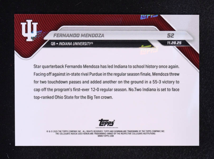 Fernando Mendoza 2025 Bowman University Now #52 RC at PristineAuction.com Fernando Mendoza 2025 Bowman University Now #52 RC at PristineAuction.com
