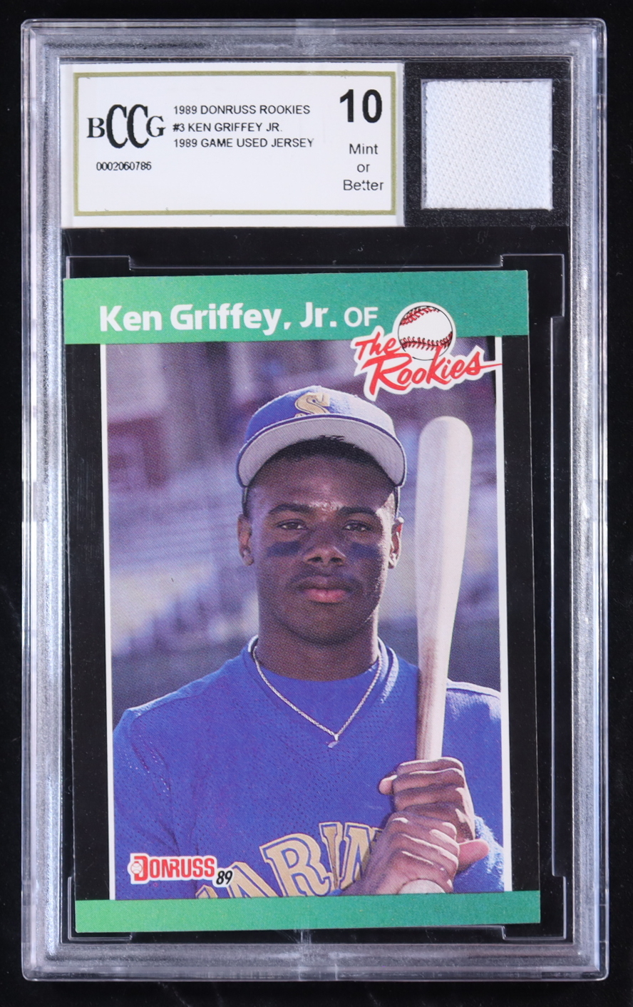 Ken Griffey J. 1989 Donruss Rookies #3 RC with '89 Game Used Jersey Patch (BCCG 10) at PristineAuction.com Ken Griffey J. 1989 Donruss Rookies #3 RC with '89 Game Used Jersey Patch (BCCG 10) at PristineAuction.com