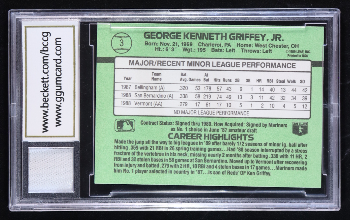Ken Griffey J. 1989 Donruss Rookies #3 RC with '89 Game Used Jersey Patch (BCCG 10) at PristineAuction.com Ken Griffey J. 1989 Donruss Rookies #3 RC with '89 Game Used Jersey Patch (BCCG 10) at PristineAuction.com
