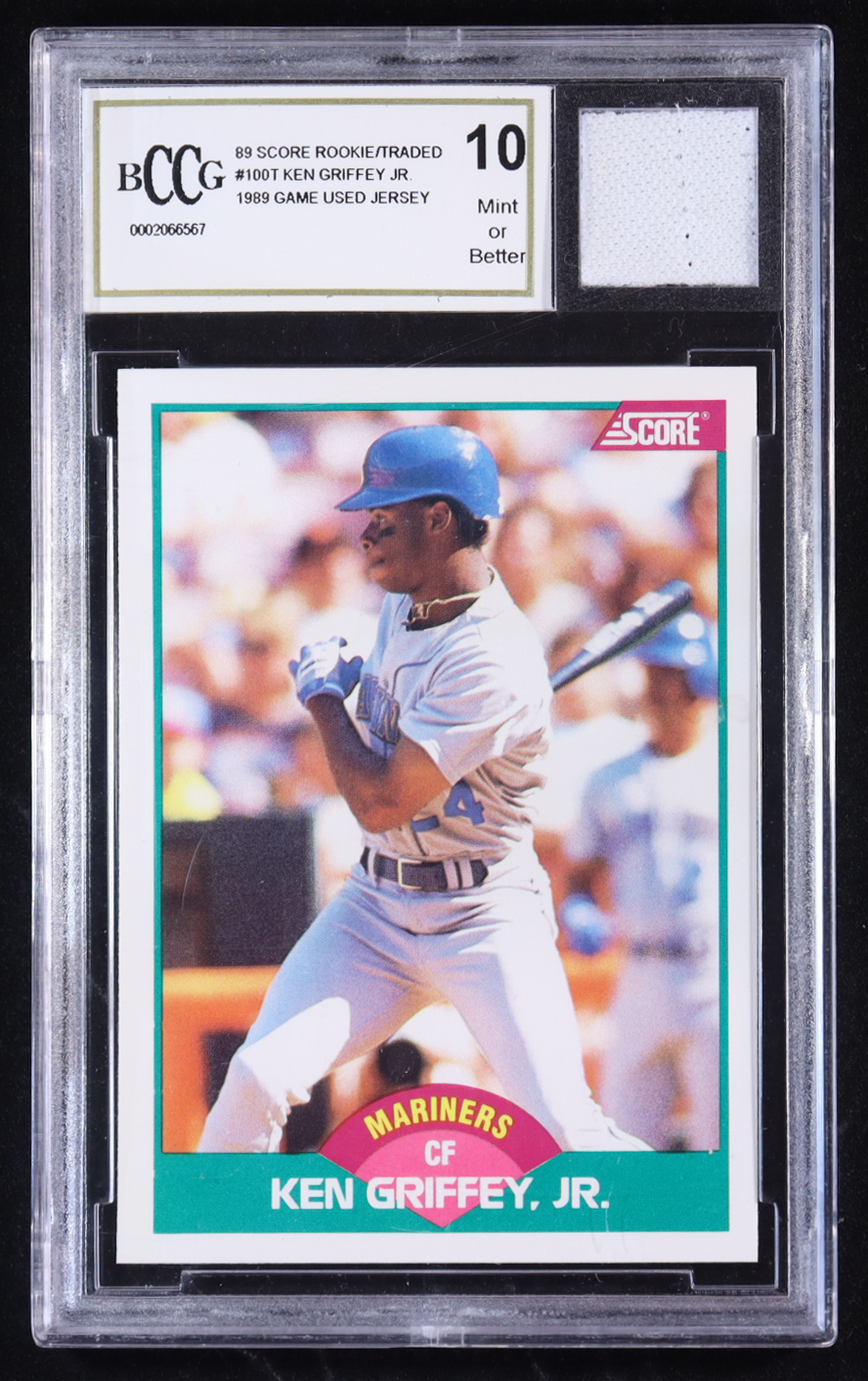 Ken Griffey Jr. 1989 Score/Traded #100T RC with '89 Game Used Jersey Patch (BCCG 10) at PristineAuction.com Ken Griffey Jr. 1989 Score/Traded #100T RC with '89 Game Used Jersey Patch (BCCG 10) at PristineAuction.com