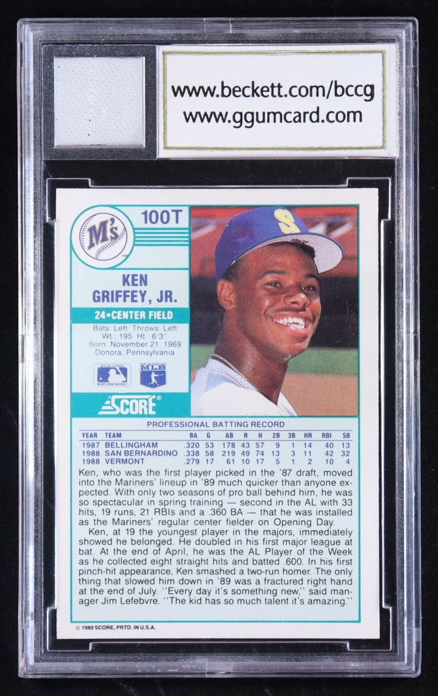 Ken Griffey Jr. 1989 Score/Traded #100T RC with '89 Game Used Jersey Patch (BCCG 10) at PristineAuction.com Ken Griffey Jr. 1989 Score/Traded #100T RC with '89 Game Used Jersey Patch (BCCG 10) at PristineAuction.com