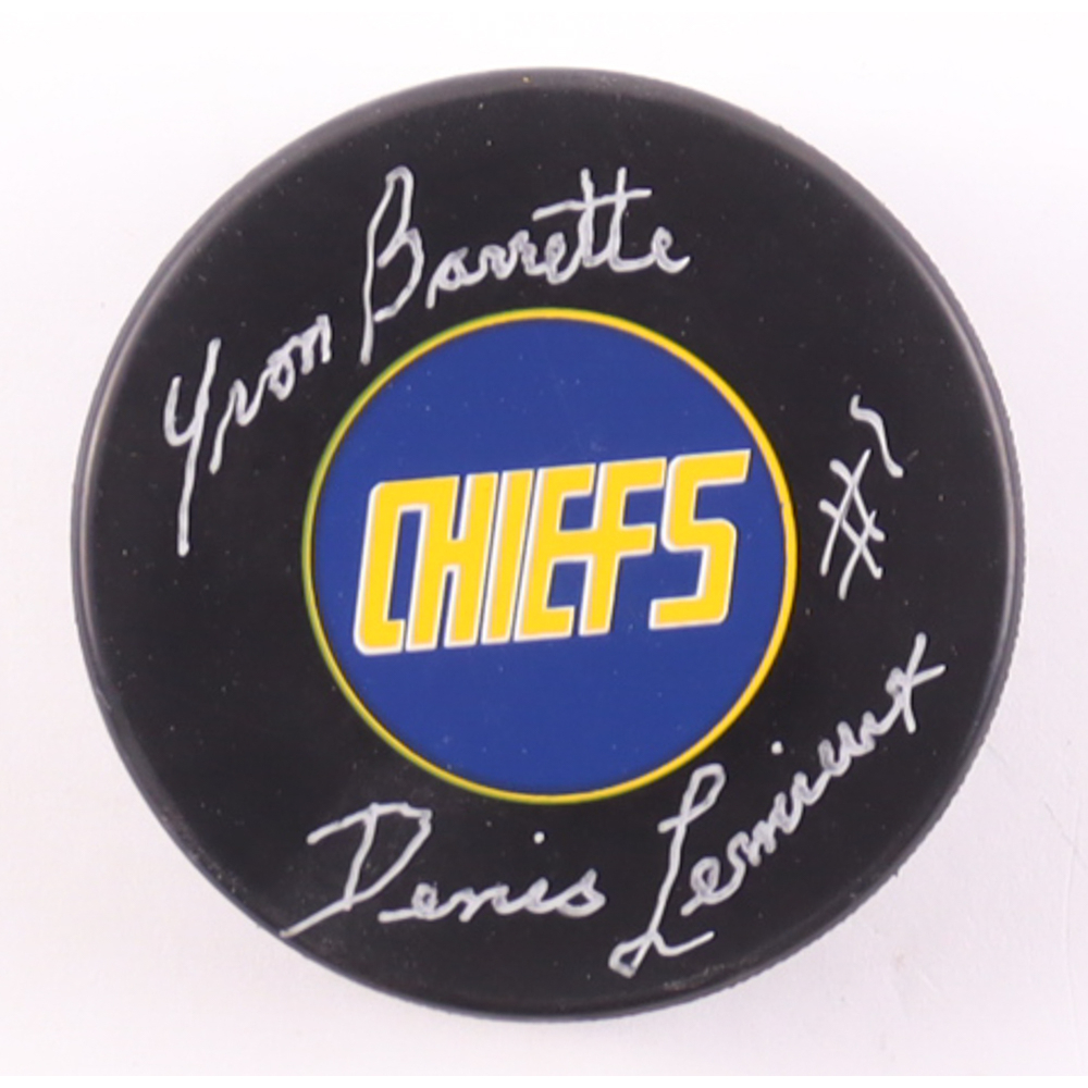Yvon Barrette Signed "Slap Shot" Logo Hockey Puck Inscribed "Denis Lemieux" (Premium Autographs) at PristineAuction.com