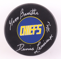 Yvon Barrette Signed "Slap Shot" Logo Hockey Puck Inscribed "Denis Lemieux" (Premium Autographs) at PristineAuction.com