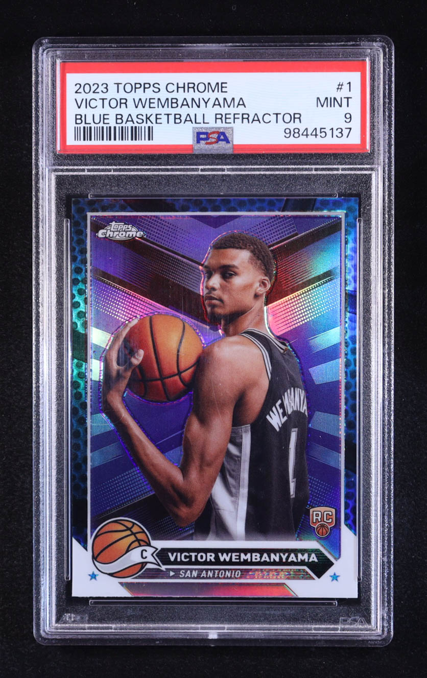 Victor Wembanyama 2023-24 Topps Chrome Blue Basketball Refractors #1 RC (PSA 9) at PristineAuction.com Victor Wembanyama 2023-24 Topps Chrome Blue Basketball Refractors #1 RC (PSA 9) at PristineAuction.com