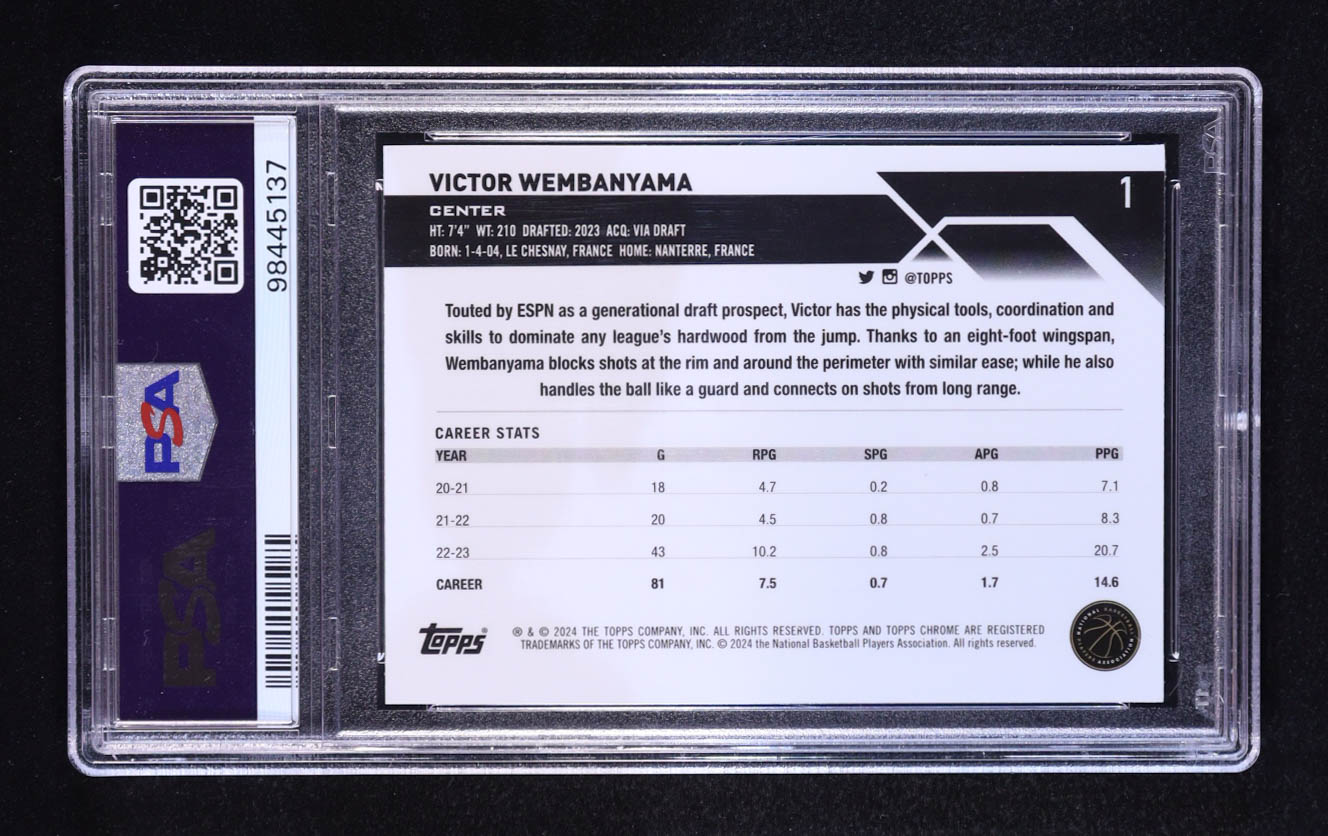 Victor Wembanyama 2023-24 Topps Chrome Blue Basketball Refractors #1 RC (PSA 9) at PristineAuction.com Victor Wembanyama 2023-24 Topps Chrome Blue Basketball Refractors #1 RC (PSA 9) at PristineAuction.com