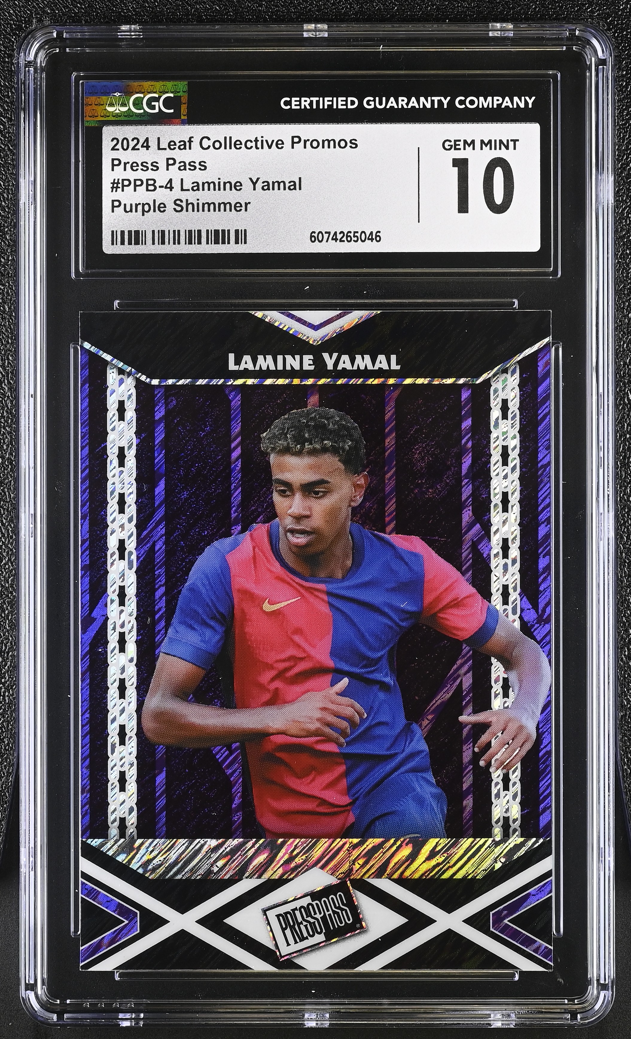 Lamine Yamal 2024 Leaf Collective Promos Press Pass Purple Shimmer #4 #020/199 (CGC 10) at PristineAuction.com Lamine Yamal 2024 Leaf Collective Promos Press Pass Purple Shimmer #4 #020/199 (CGC 10) at PristineAuction.com
