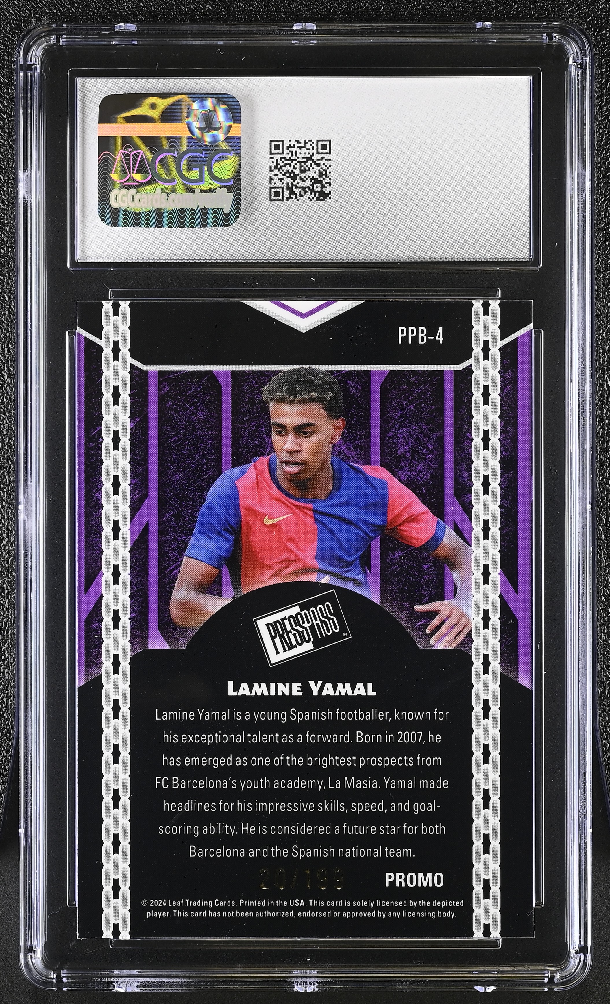 Lamine Yamal 2024 Leaf Collective Promos Press Pass Purple Shimmer #4 #020/199 (CGC 10) at PristineAuction.com Lamine Yamal 2024 Leaf Collective Promos Press Pass Purple Shimmer #4 #020/199 (CGC 10) at PristineAuction.com