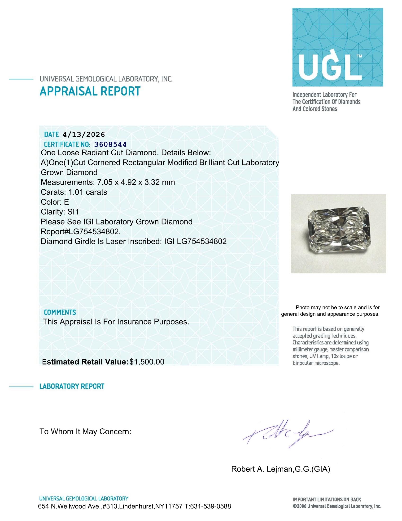 1.01 Carats Lab Grown Diamond Loose E, SI1 | $1,500 Estimated Retail Value (UGL & IGI Certs) at PristineAuction.com 1.01 Carats Lab Grown Diamond Loose E, SI1 | $1,500 Estimated Retail Value (UGL & IGI Certs) at PristineAuction.com