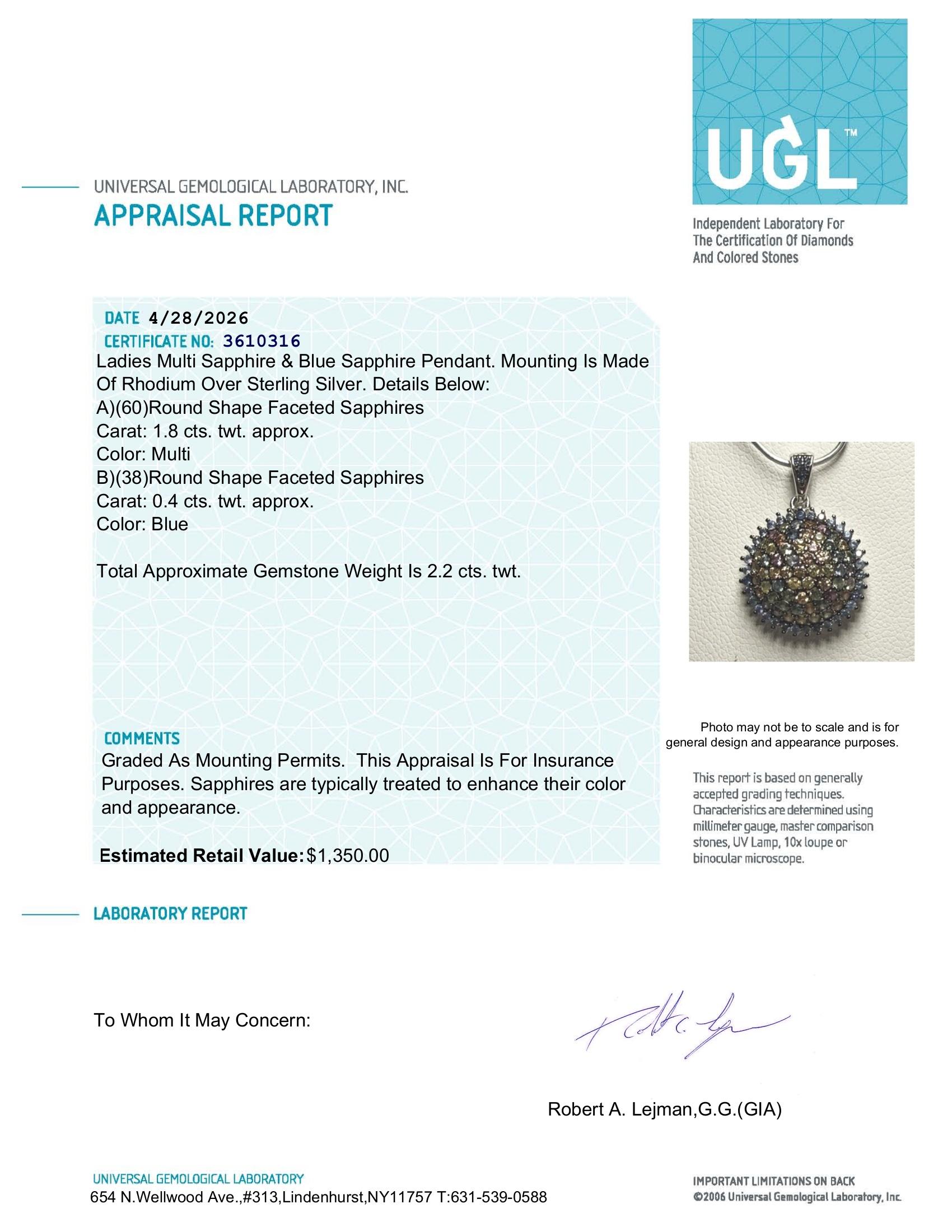 2.20 Carats Natural Multi-Colored Sapphire Pendant | $1,350 Estimated Retail Value (UGL Cert) | Brand New at PristineAuction.com 2.20 Carats Natural Multi-Colored Sapphire Pendant | $1,350 Estimated Retail Value (UGL Cert) | Brand New at PristineAuction.com