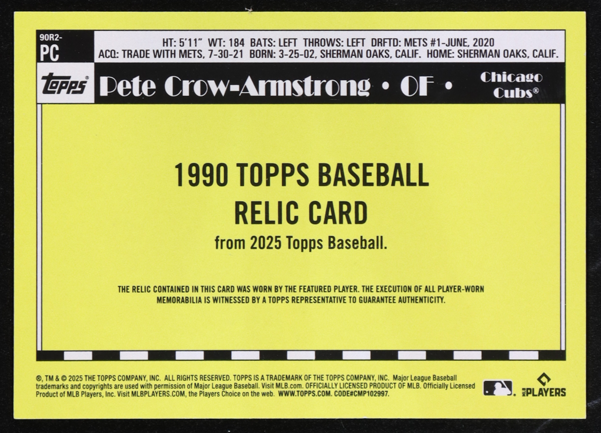 Pete Crow-Armstrong 2025 Topps '90 Topps Relics #90R2PC S2 at PristineAuction.com Pete Crow-Armstrong 2025 Topps '90 Topps Relics #90R2PC S2 at PristineAuction.com