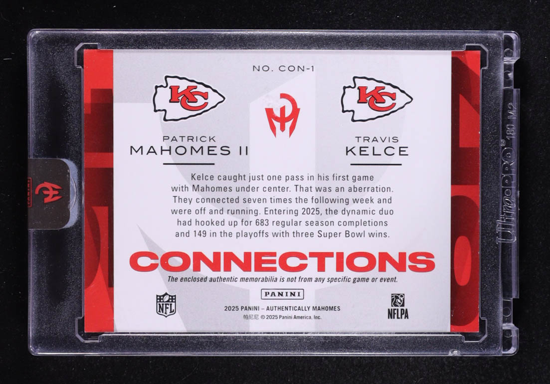 Patrick Mahomes II / Travis Kelce 2025 Panini Authentically Mahomes Connections Jerseys #1 #22/25 at PristineAuction.com Patrick Mahomes II / Travis Kelce 2025 Panini Authentically Mahomes Connections Jerseys #1 #22/25 at PristineAuction.com