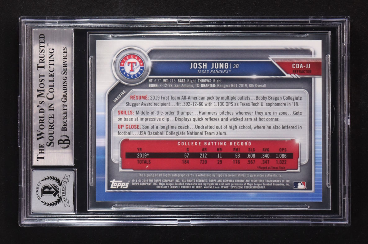 Josh Jung 2019 Bowman Chrome Draft Autographs Refractors #CDAJJ RC (BGS 8.5 | Auto 10) at PristineAuction.com Josh Jung 2019 Bowman Chrome Draft Autographs Refractors #CDAJJ RC (BGS 8.5 | Auto 10) at PristineAuction.com