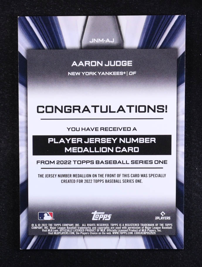 Aaron Judge 2022 Topps Commemorative Player Jersey Number Medallions #JNMAJ at PristineAuction.com Aaron Judge 2022 Topps Commemorative Player Jersey Number Medallions #JNMAJ at PristineAuction.com