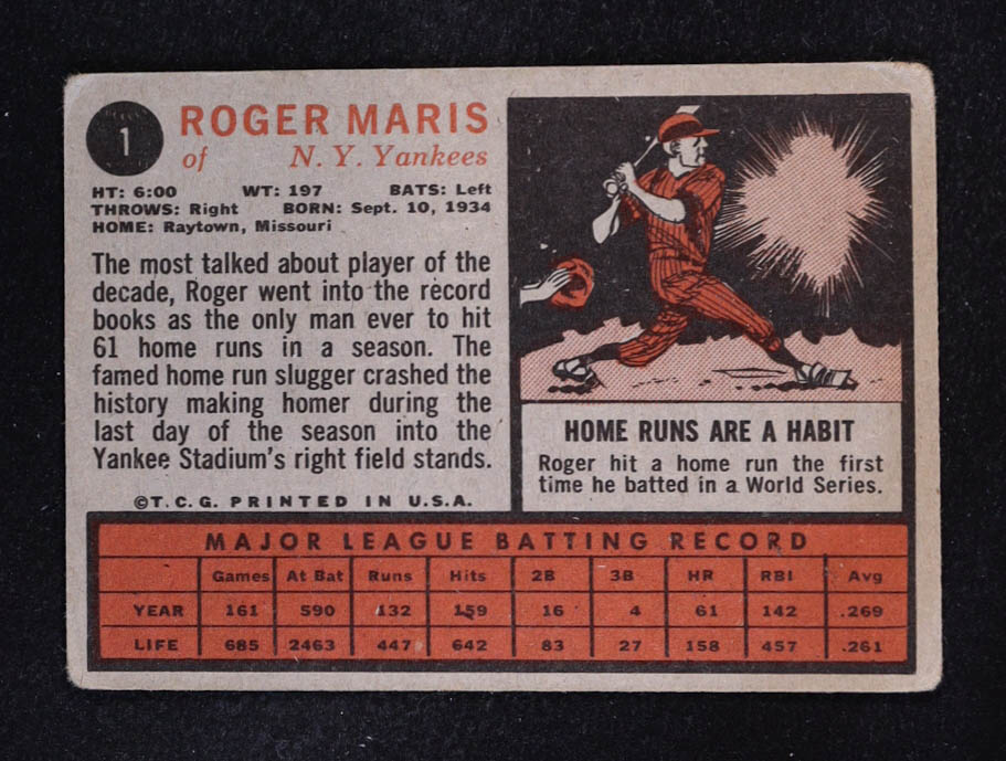 Roger Maris 1962 Topps #1 at PristineAuction.com Roger Maris 1962 Topps #1 at PristineAuction.com