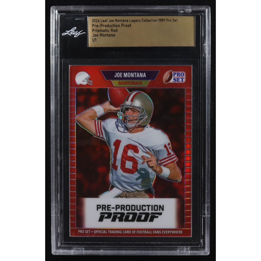Joe Montana 2024 Leaf Legacy Collection '89 Pro Set Prismatic Red Pre-Production Proof #NNO #1/1 (Leaf) at PristineAuction.com