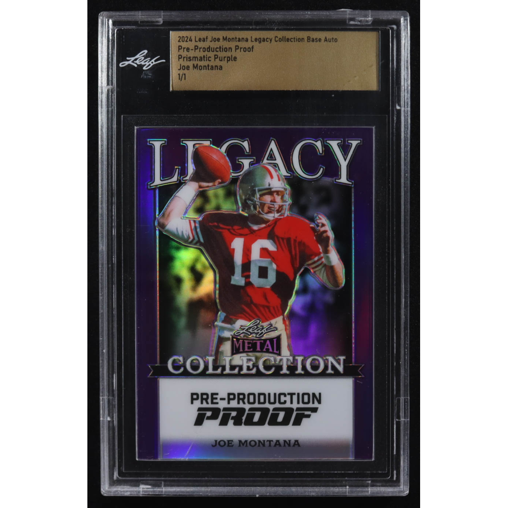Joe Montana 2024 Leaf Legacy Collection Prismatic Purple Pre-Production Proof #NNO #1/1 (Leaf) at PristineAuction.com