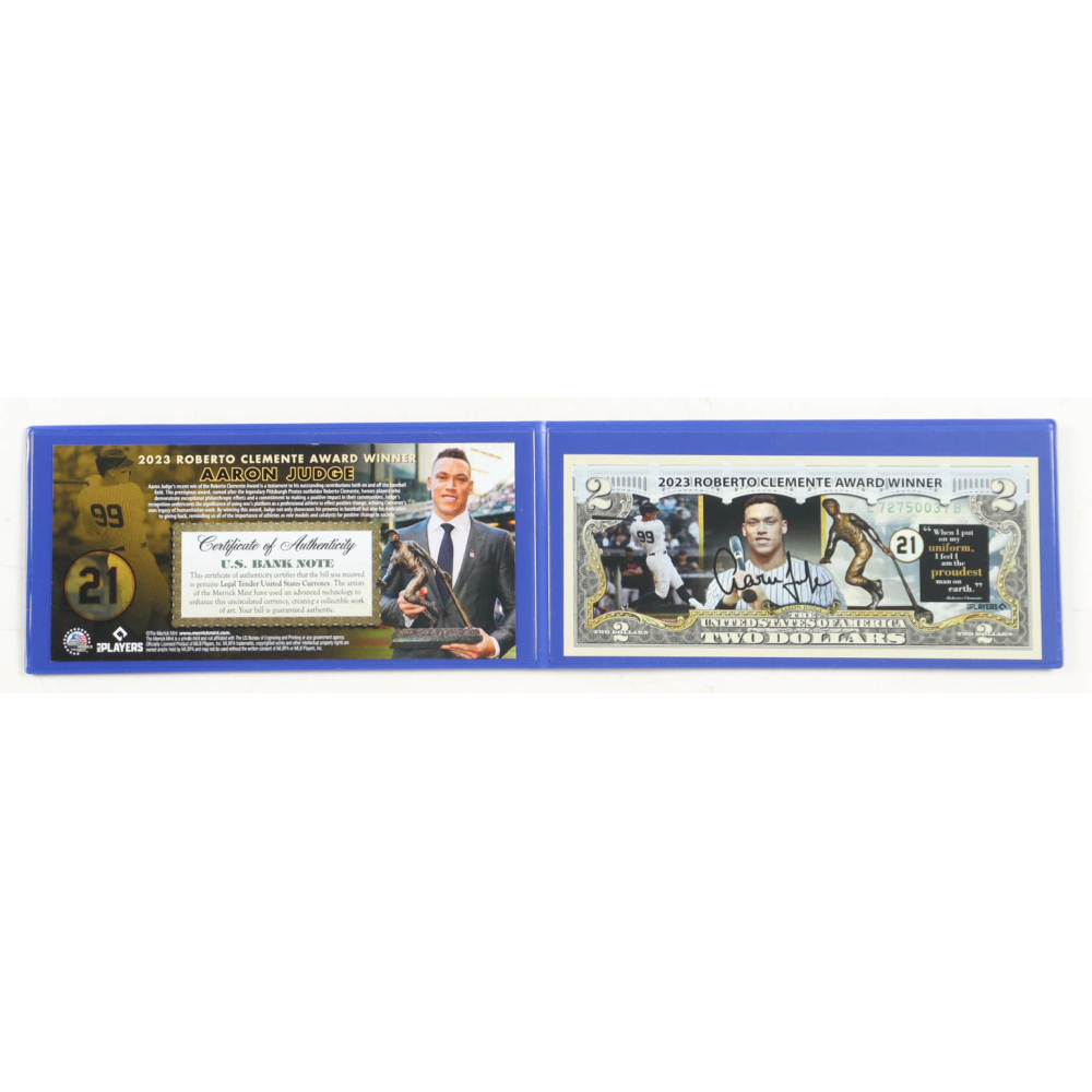 Aaron Judge "2023 Roberto Clemente Award Winner" Genuine Legal Tender U.S. $2 Two Dollar Bill Commemorative Bank Note with Display Folder at PristineAuction.com