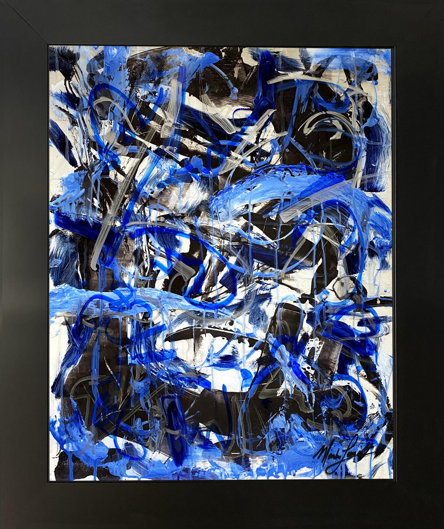 Azure Chaos Original Acrylic on Glass Custom Framed Painting 037-26 (Lewis) at PristineAuction.com Azure Chaos Original Acrylic on Glass Custom Framed Painting 037-26 (Lewis) at PristineAuction.com