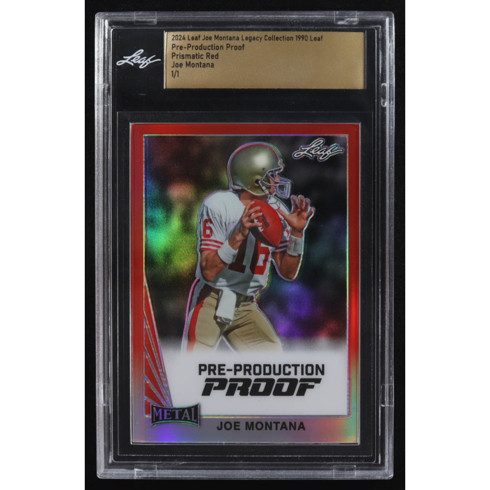 Joe Montana 2024 Leaf Legacy Collection '90 Leaf Prismatic Red Pre-Production Proof #NNO #1/1 (Leaf) at PristineAuction.com