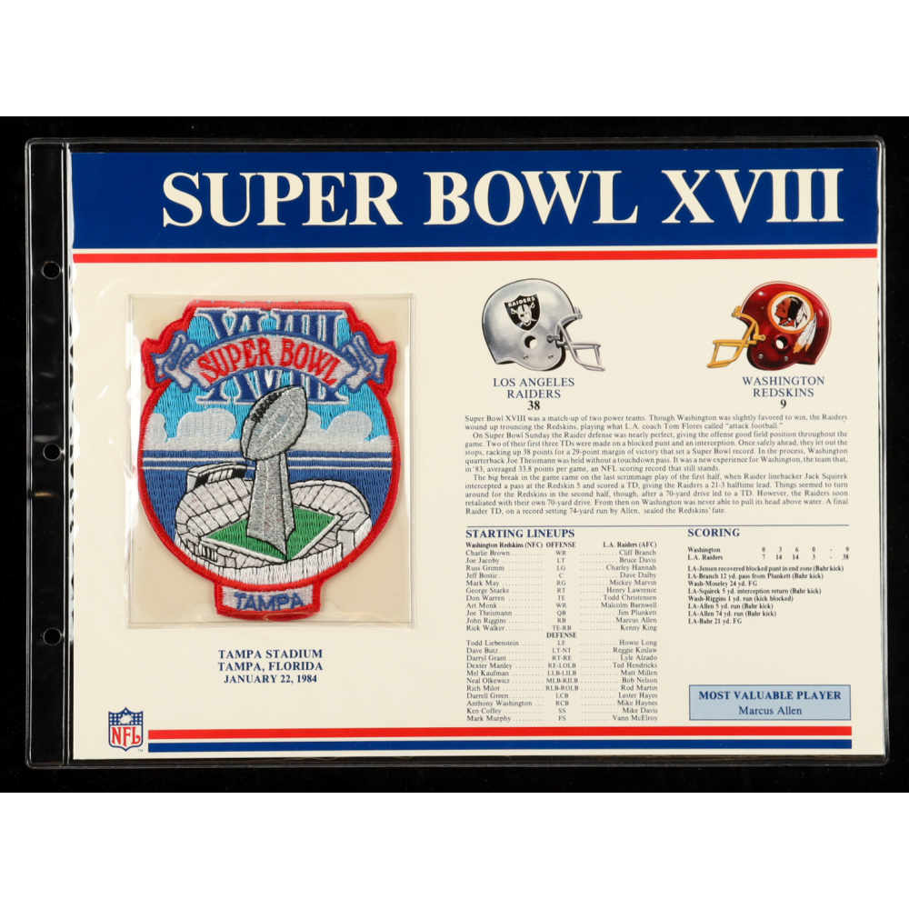 Super Bowl XVIII Patch on 9x12 Stat Card at PristineAuction.com